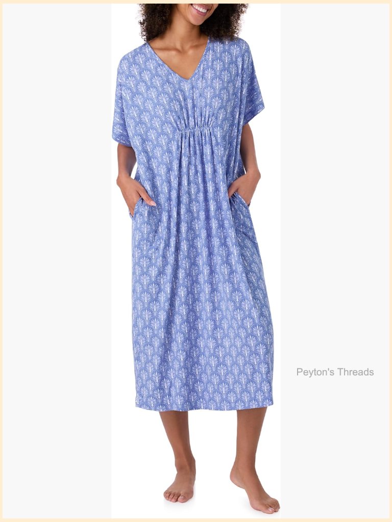 Women's Midi Caftan, Dolman Sleeve Stretch Jersey With Pockets For Sleep Or
